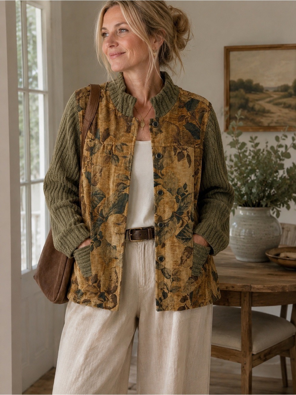 Susan Bristol Tapestry Knit Jacket XL Olive Leaf Print Textured Button Front